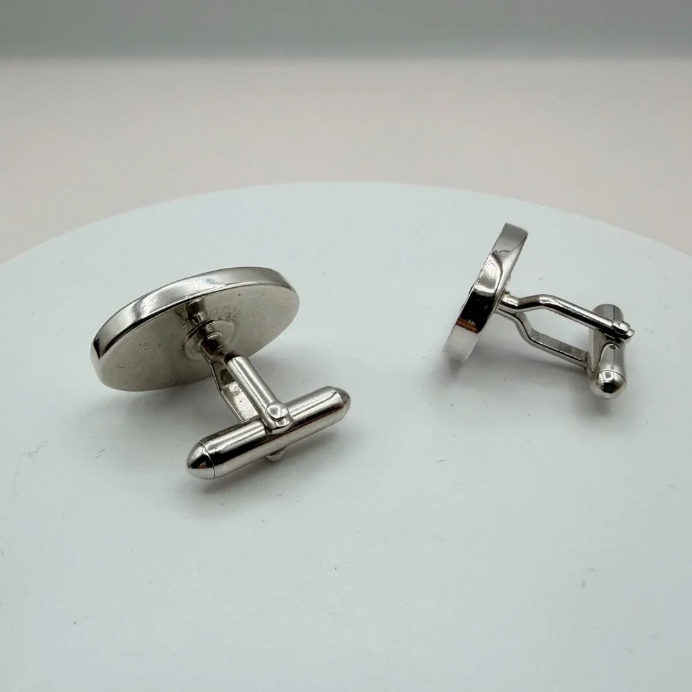 Vintage 70s Mid Century Fleur De Lis Cufflinks SilverTone Oval Sunburst Textured